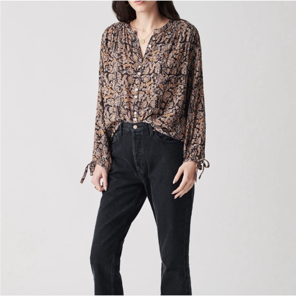 Faherty Everleigh Top in black paisley button-front blouse size XS extra small - Picture 2 of 10